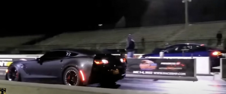 watch this supercharged c7 corvette z06 give a tesla model s plaid fits at the track
