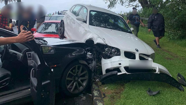The owner of the white car said his vehicle was completely written off following the incident on Sunday. Picture: Supplied, Technology, Motoring, Motoring News, New Zealand teenager doing a burnout in V8 Holden Commodore destroys cars