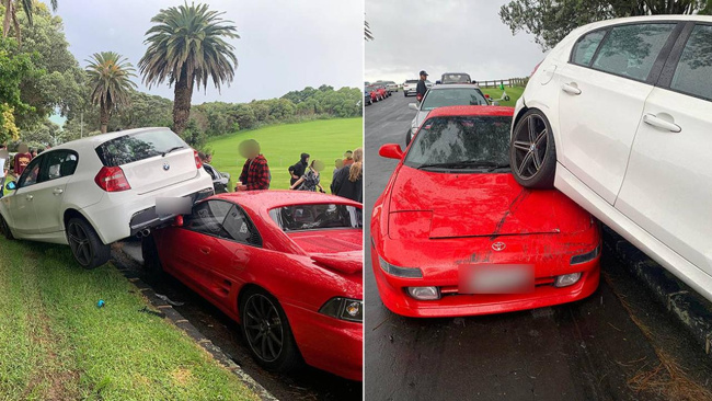 The impact of the crash was so powerful it forced the white vehicle off its tyres and on top of the red car. Picture: Supplied, The owner of the white car said his vehicle was completely written off following the incident on Sunday. Picture: Supplied, Technology, Motoring, Motoring News, New Zealand teenager doing a burnout in V8 Holden Commodore destroys cars
