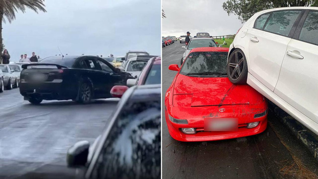 This is the moment a boy racer lost control of his car and slammed into a parked car, forcing it to mount a third vehicle. Picture: Supplied, The impact of the crash was so powerful it forced the white vehicle off its tyres and on top of the red car. Picture: Supplied, The owner of the white car said his vehicle was completely written off following the incident on Sunday. Picture: Supplied, Technology, Motoring, Motoring News, New Zealand teenager doing a burnout in V8 Holden Commodore destroys cars