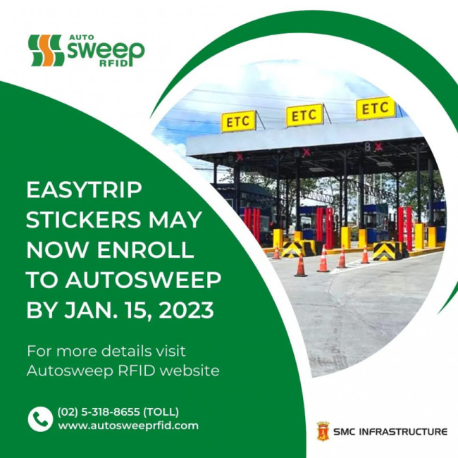autosweep, easytrip, expressways, mptc, rfid, smc tollways, sub 400cc ban, easytrip rfid users can enroll to autosweep starting january 2023
