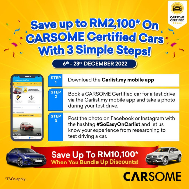 auto news, carlist, carsome, voucher, test drive, carsome certified, save up to rm2,100 on carsome certified cars!