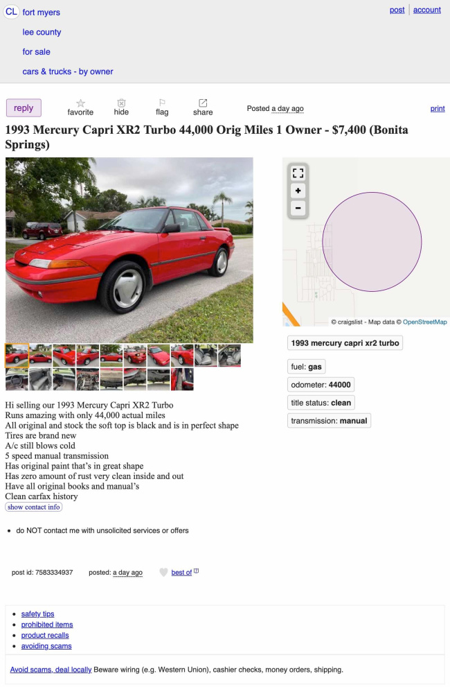 at $7,400, is this 1993 mercury capri xr2 a first class also-ran?
