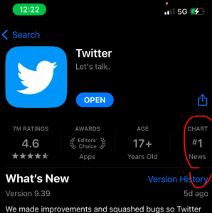 twitter moves to #1 on apple app store for “us news” following elon musk’s takeover