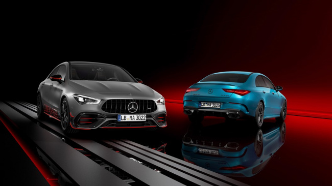 Mercedes-AMG CLA 2023 facelift: line-up shot, one grey coupe, one blue coupe