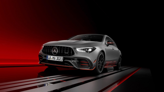 Mercedes-AMG CLA 45 S Coupe 2023 facelift: front three quarter, studio background, Street Style Special Edition