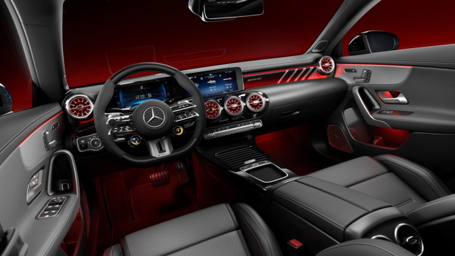 Mercedes-AMG CLA 35 2023 facelift: interior, black upholstery, studio background