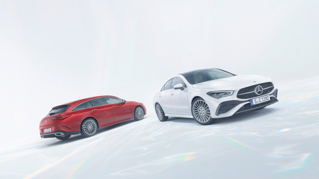 Mercedes CLA 2023 facelift: model range, red estate, white coupe, studio background
