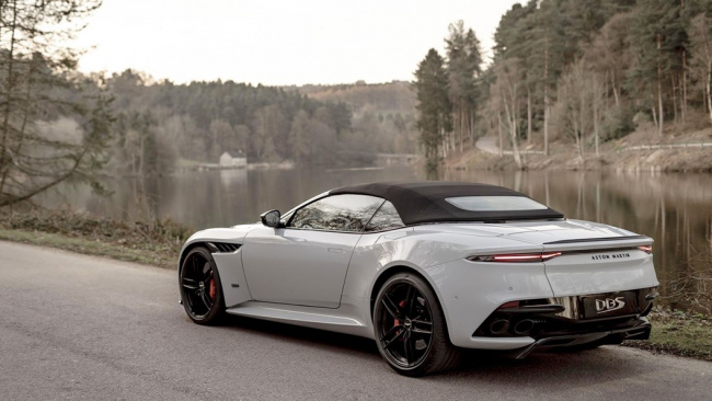 The new 2019 Aston Martin DBS Superleggera Volante with its canvas roof up