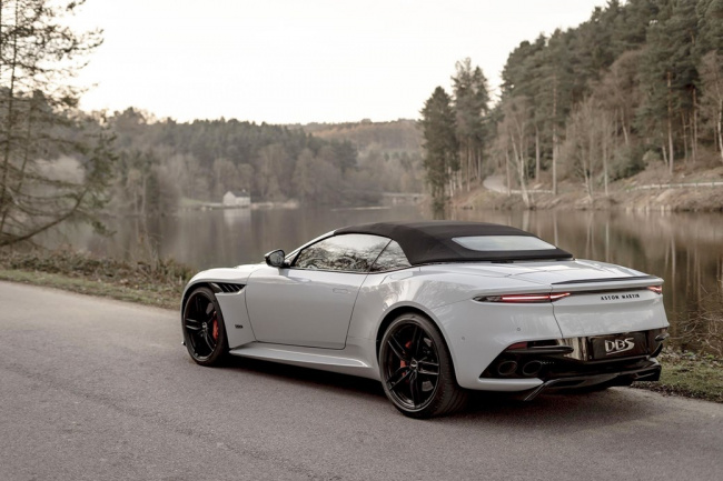 The new 2019 Aston Martin DBS Superleggera Volante with its canvas roof up