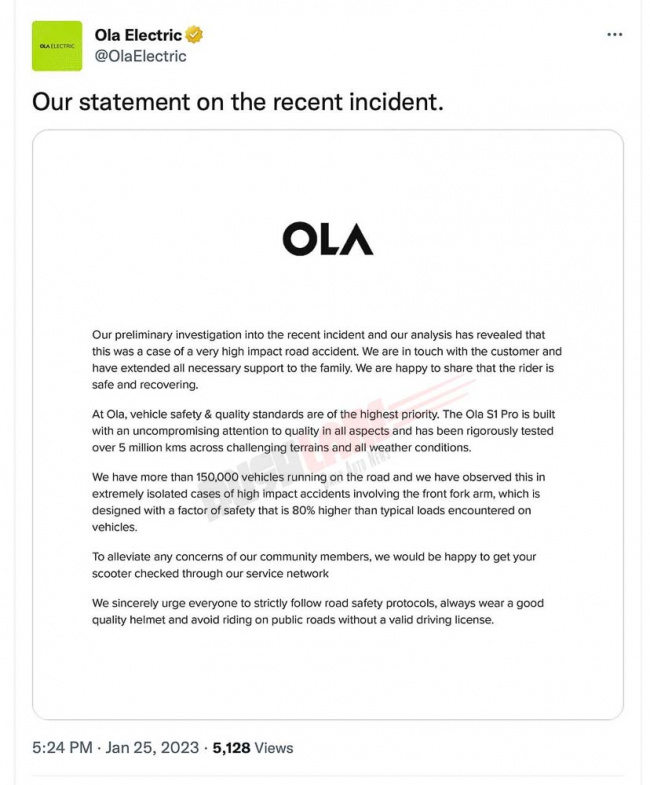 ola electric scooter front fork issue – official statement