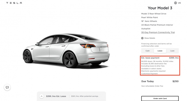 tesla model 3 rwd available for $399 per month with 3-year lease