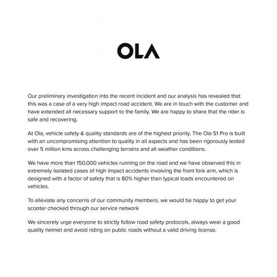 Ola Electric issues statement on S1 Pro front fork failure, Indian, 2-Wheels, Ola Electric, Ola S1 Pro, S1 Pro, Electric Scooter, Accident