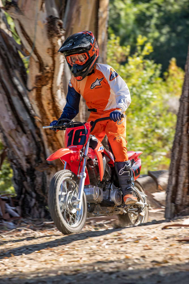 A Honda CRF110F in its natural habitat. We are thankful for the quiet exhaust and spark arrestor, but the near total silence of the electric CRF-E2 means more backyard laps without the neighbors even knowing we are out there.