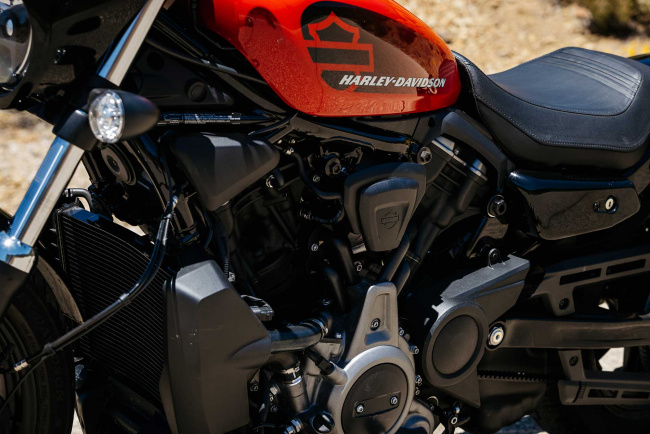 The left side of the Nightster’s 975T engine shows wrapped wires, hoses, and plumbing.