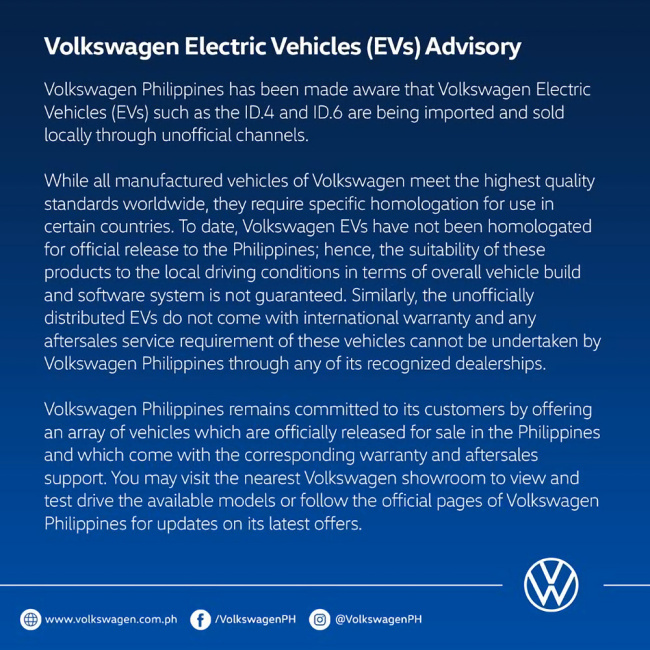 volkswagen ph will not entertain gray-market id electric models