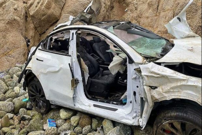 tesla plunges 70m off cliff in usa, family miraculously survives