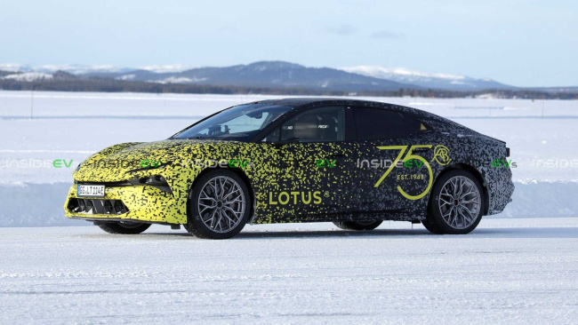 lotus electric sedan shows its sleek production body for first time
