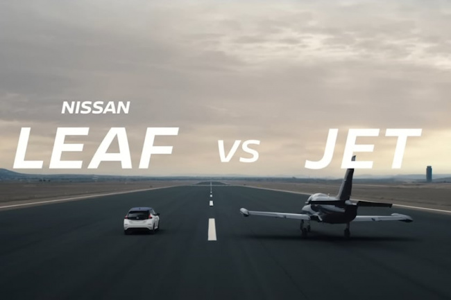 video, offbeat, nissan leaf races fighter jet to remind people it still exists