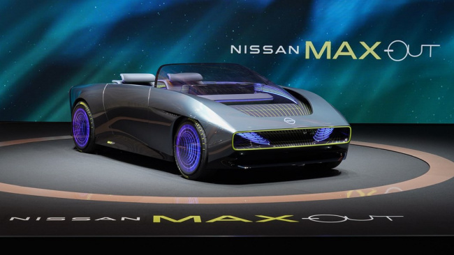 Nissan Max-Out convertible electric car concept on display at the 2023 Nissan Futures event in Japan