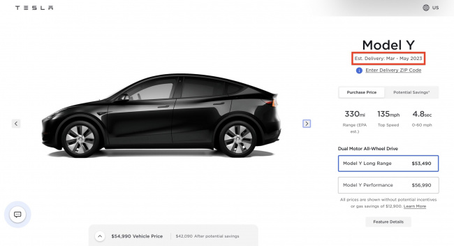 tesla model y long range delivery estimate moved to march-may 2023