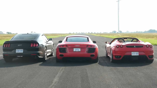 Ford Mustang GT, Audi R8, and Ferrari F430 drag race each other. 