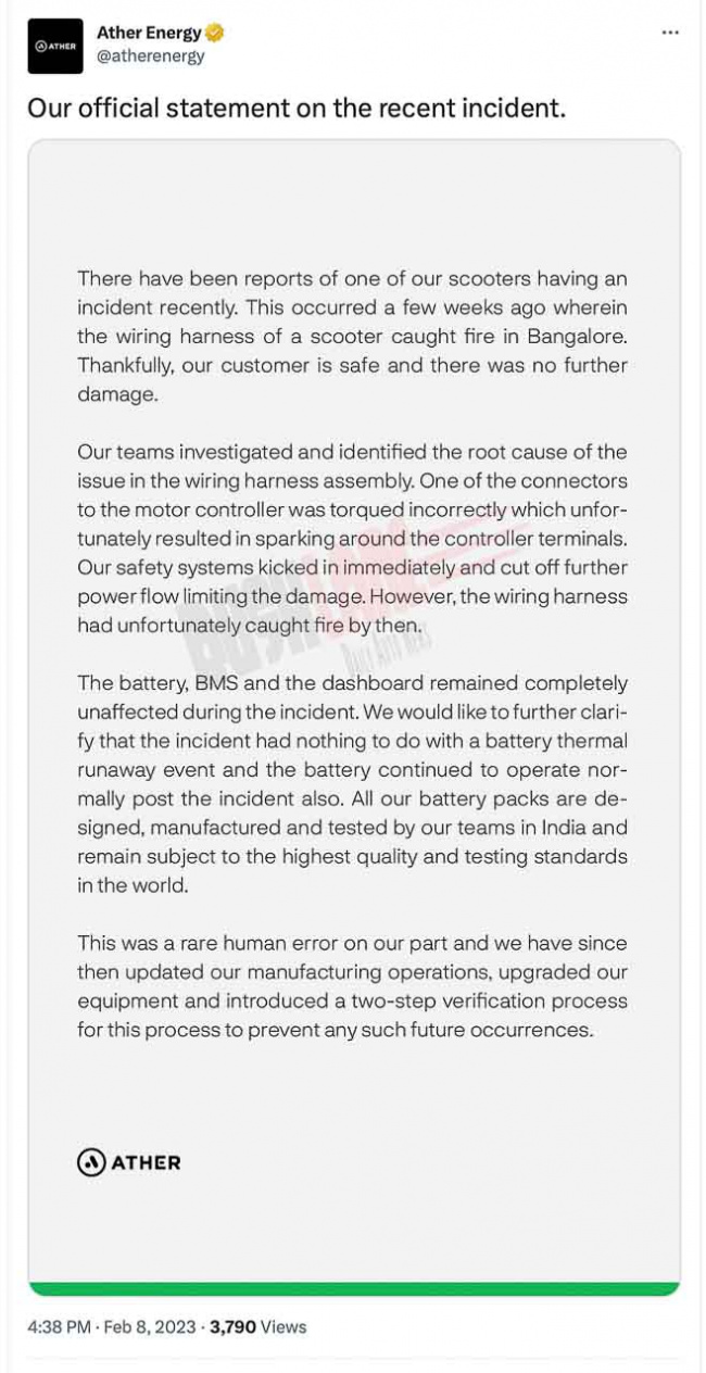 ather electric scooter fire incident update – official statement