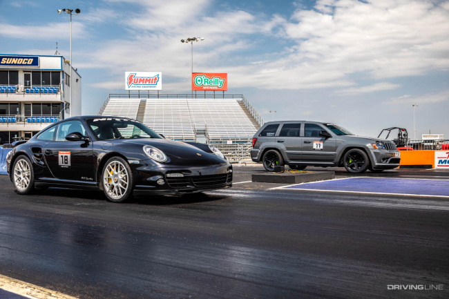 Jeep Grand Cherokee SRT8 vs Porsche 911 Turbo | Driver Battles: Drag Edition