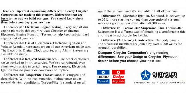 , chrysler offers 7 engineering differences for 1973