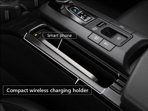 toyoda gosei’s compact wireless power supply holder for smart phones used on new prius