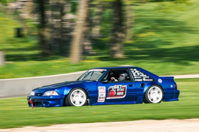 mustang, racing, this happens when you stuff a 7.3 godzilla engine into a fox body mustang