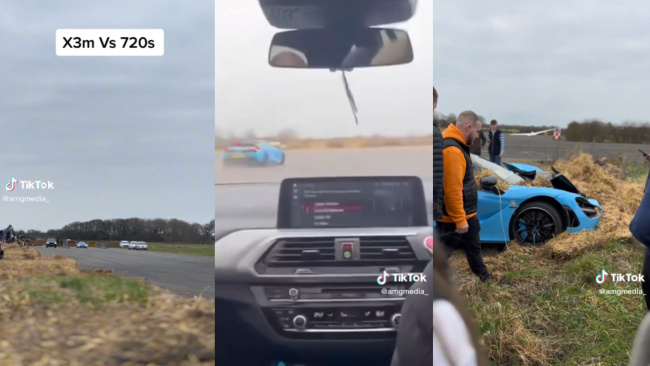 mclaren 720s loses drag race to bmw x3 m then immediately crashes