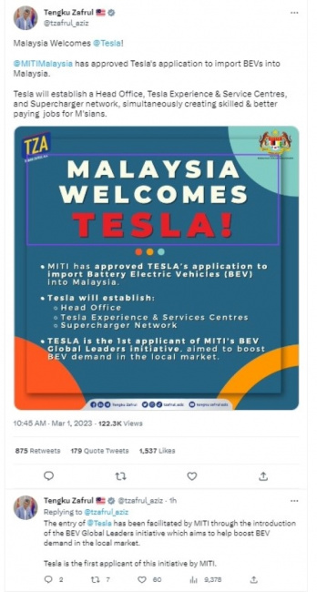 autos tesla, telsa to enter malaysia officially