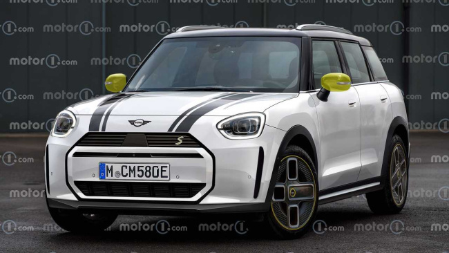 next-gen mini countryman rendered with updated face, familiar boxy shape