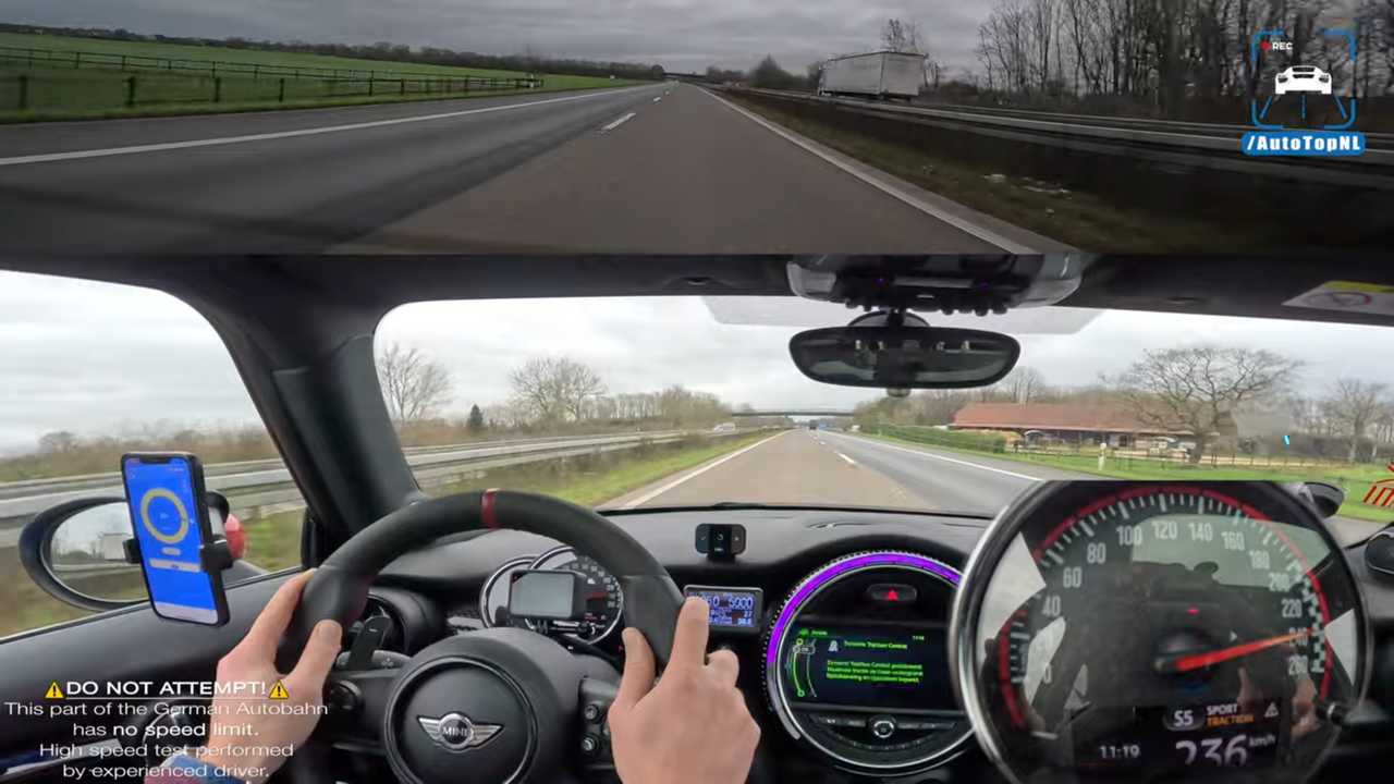 The interior of a Mini Cooper JCW going well over 100 mph on the autobahn.