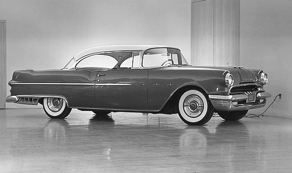 1955 Pontiac, 1950s Cars, black and white photo, old car, Pontiac