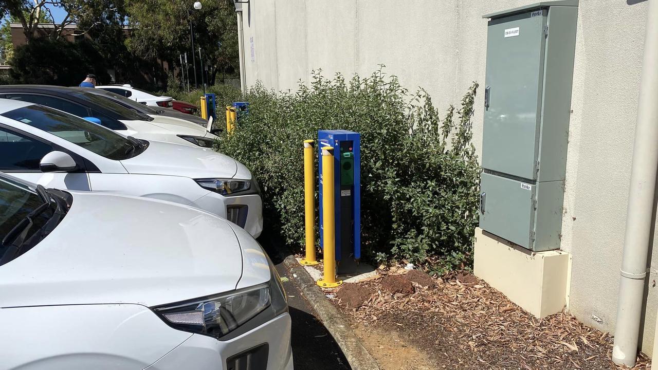 A row of EV chargers in Victoria blocked by cars. Picture: Facebook, Technology, Motoring, Hitech, You can’t park there, mate: Little-known fine over electric vehicle stations