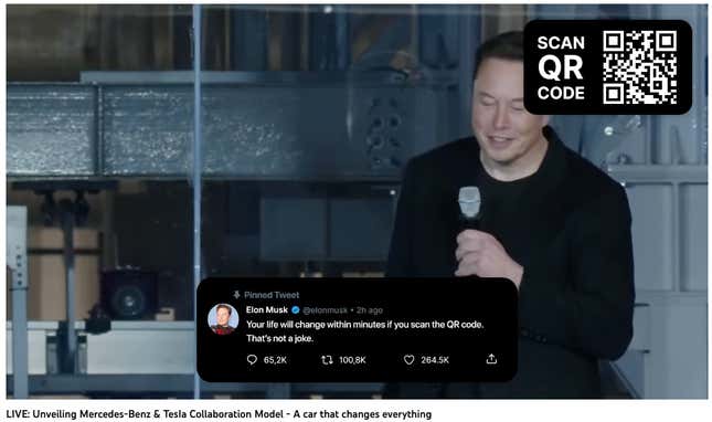 Image for article titled A Bitcoin Scammer Is Hosting a Fake 'Mercedes-Benz & Tesla Collaboration' Livestream on YouTube Right Now