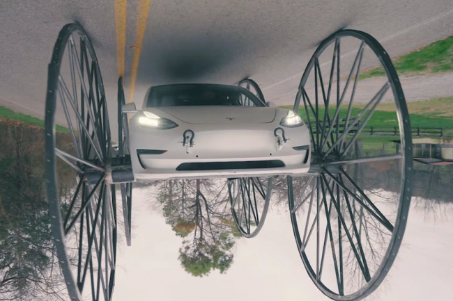 video, offbeat, upside down tesla model 3 is the craziest thing you'll see today