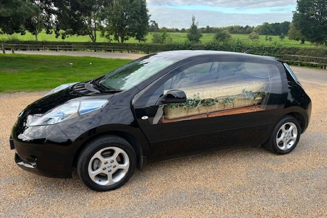 offbeat, slip quietly into the afterlife in a custom nissan leaf hearse