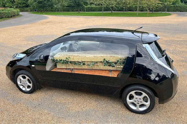 offbeat, slip quietly into the afterlife in a custom nissan leaf hearse