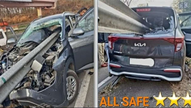 Guard Rail Cuts Through Kia Carens in High Speed Crash, ALL SAFE