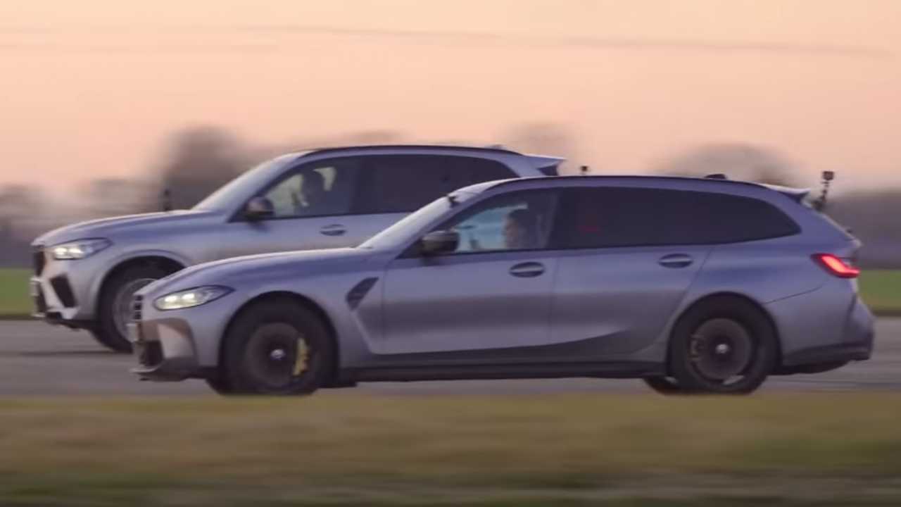 Watch the BMW M3 Touring wagon drag race the BMW X5 M Competition SUV in a surprisingly close family showdown. 