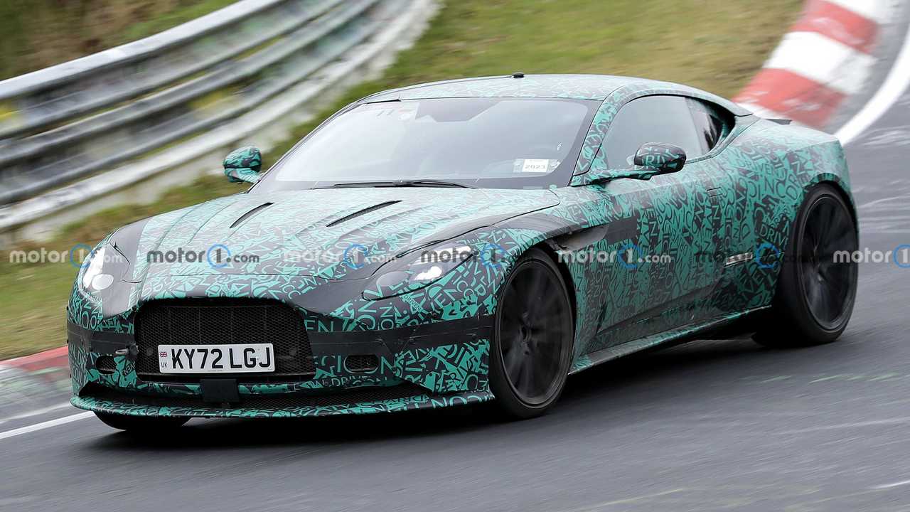Next-generation 2024 Aston Martin DB11 successor spied on video at the Nurburgring race track. 