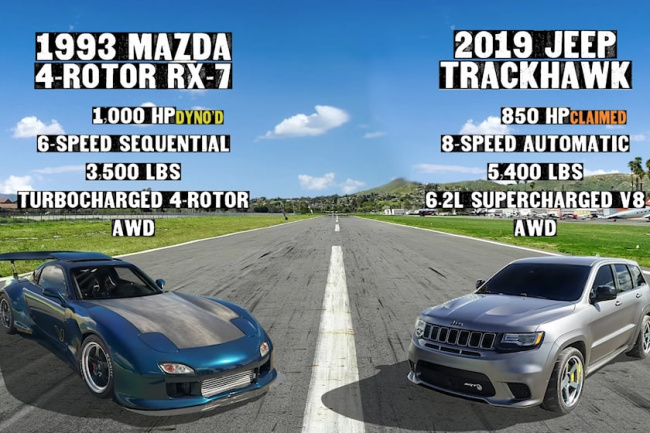 video, tuning, watch: four-rotor mazda rx-7 faces 850-hp jeep trackhawk in a drag race