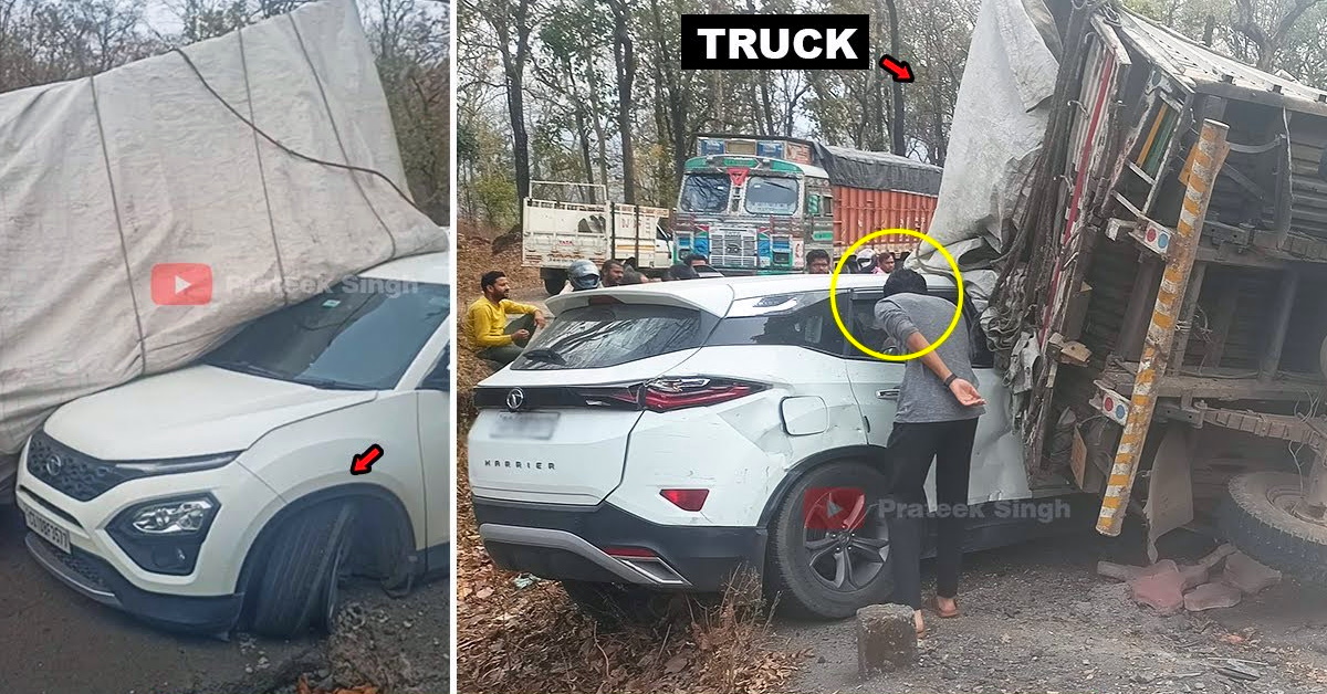 tata motors harrier mid-sized suv collides with truck: here's the result