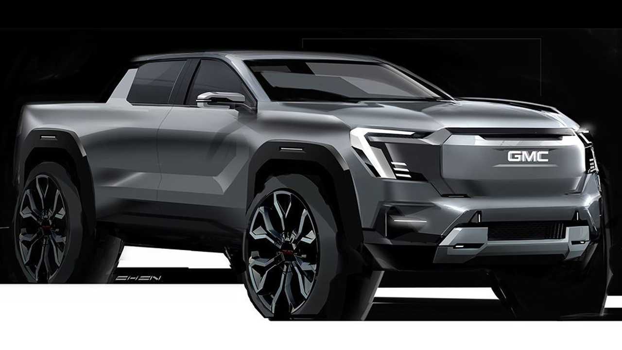 early design sketch for gmc sierra ev shows an edgy, muscular truck