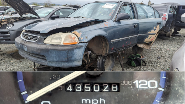 1996 honda civic sedan in junkyard with 435k miles