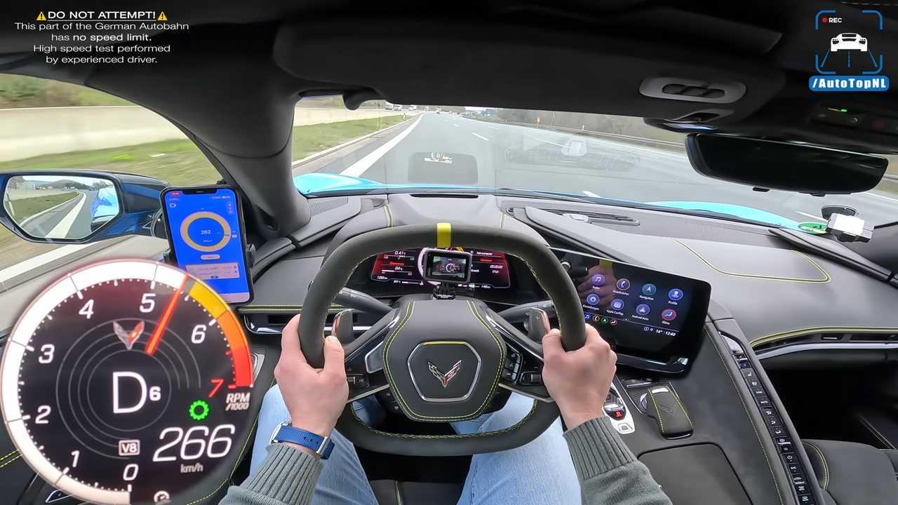 A first-person view driving a Chevrolet Corvette on the autobahn.