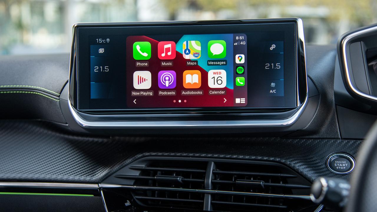 A compact infotainment screen has Apple CarPlay and Android Auto., The car has Peugeot’s compact steering wheel and highset driver instruments., The electric Peugeot is based on the petrol-powered 2008 GT., Peugeot’s e-2008 is on the way to Australia., Technology, Motoring, Motoring News, Electric Peugeot e-2008 on sale in Australia